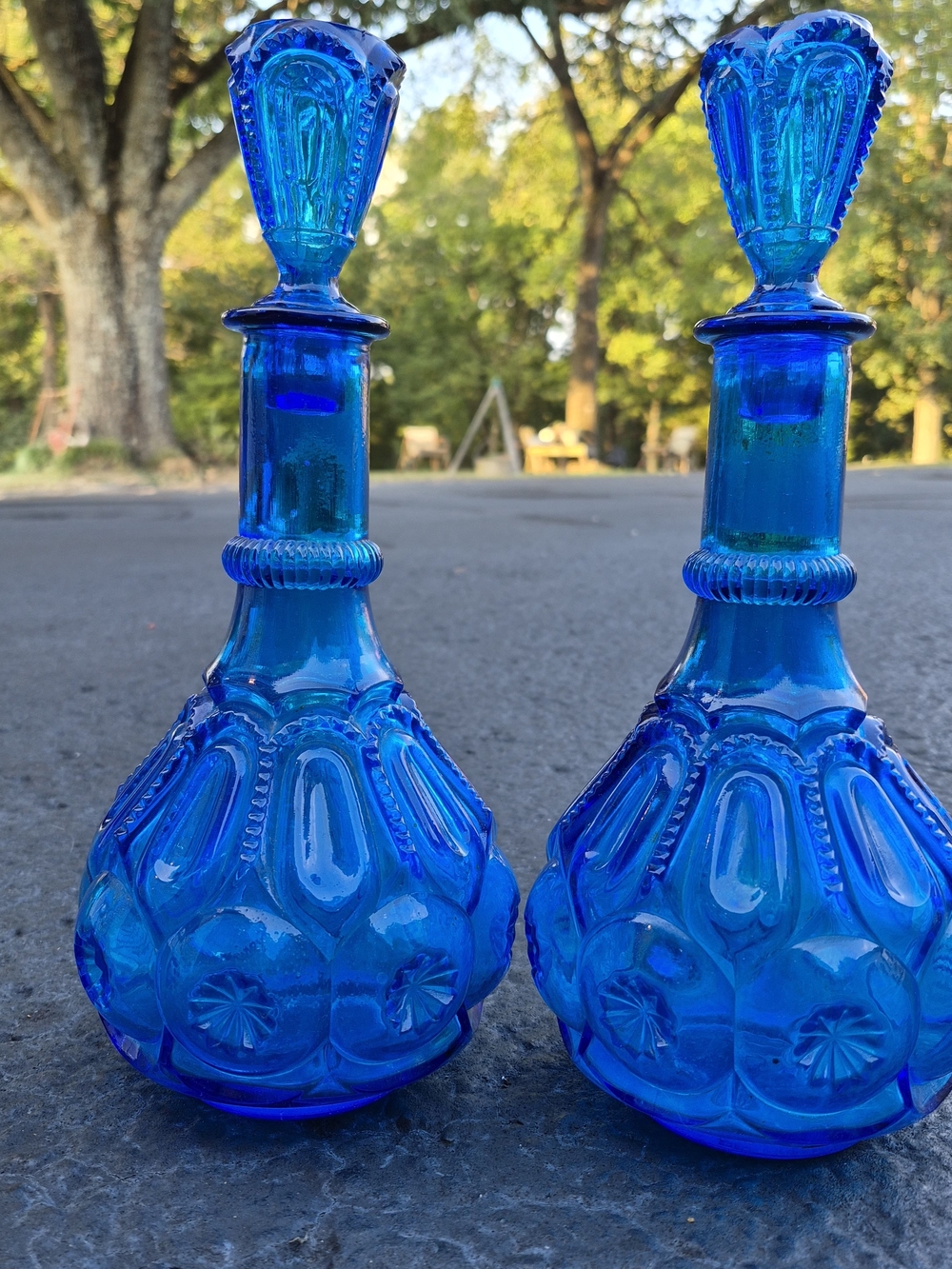 Vintage Blue Moon and Star Glass Decanters - Pair